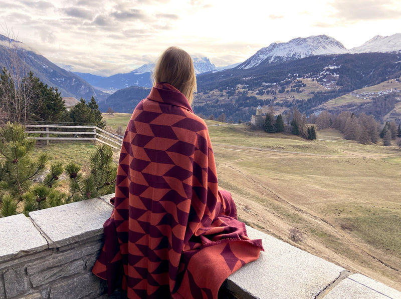 Wolldecke und exquisites Plaid in orange burgund doubleface Muster gewebt  aus Extra Fine Merino – Catharina Mende